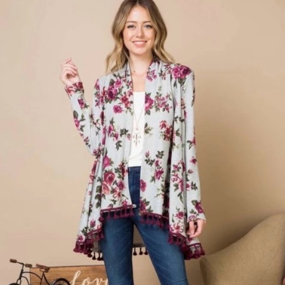 NWT Emerald Open Front Floral Cardigan Sweater with Tassel Trim size small